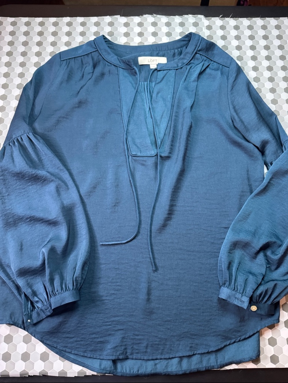 LOFT Women's Teal Tie-Neck Peasant Blouse